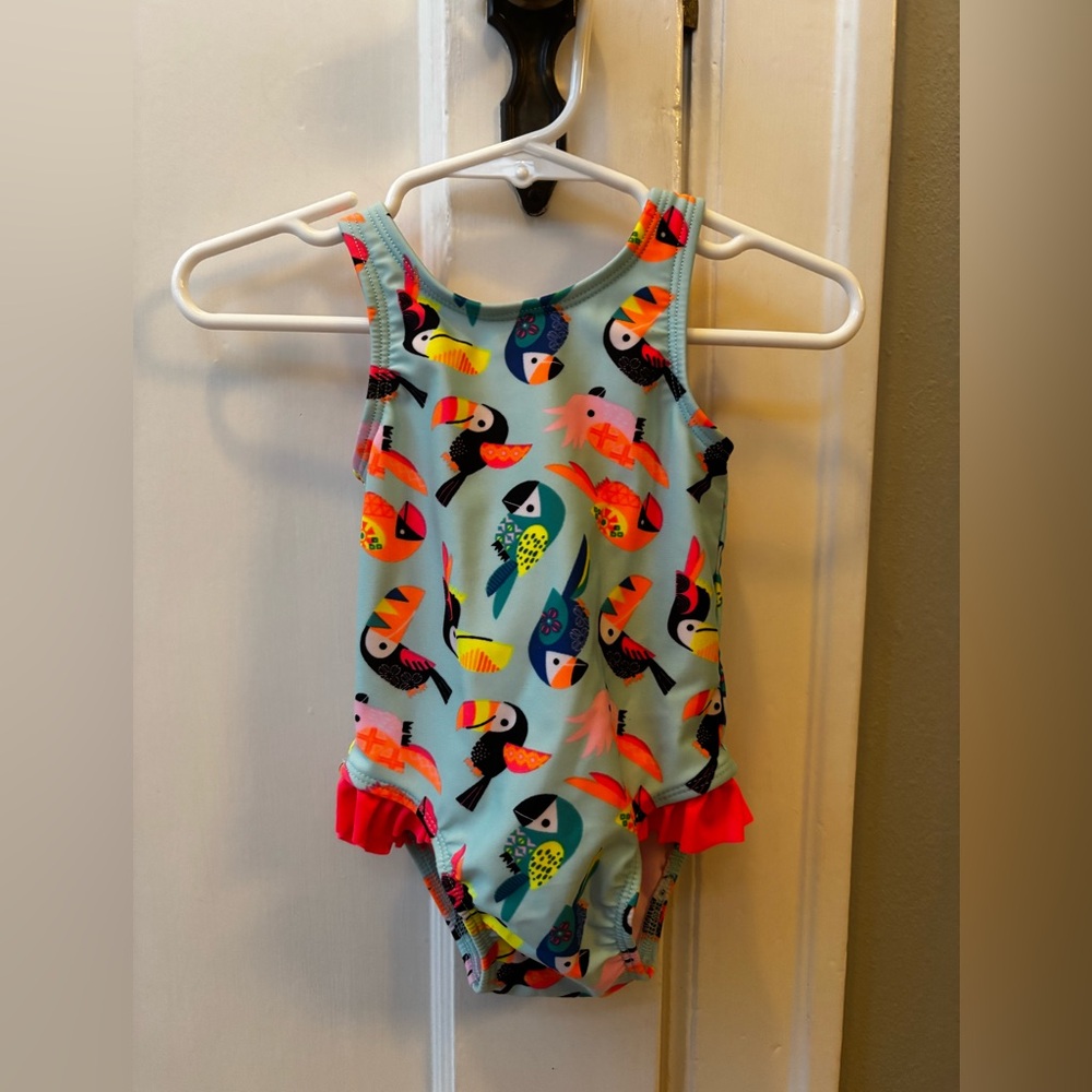 Cat & Jack Light Blue Toucan Print One-Piece with Pink Ruffle